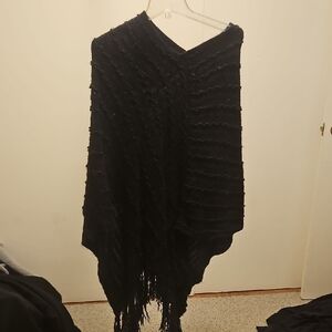 Black Textured Poncho with Fringe